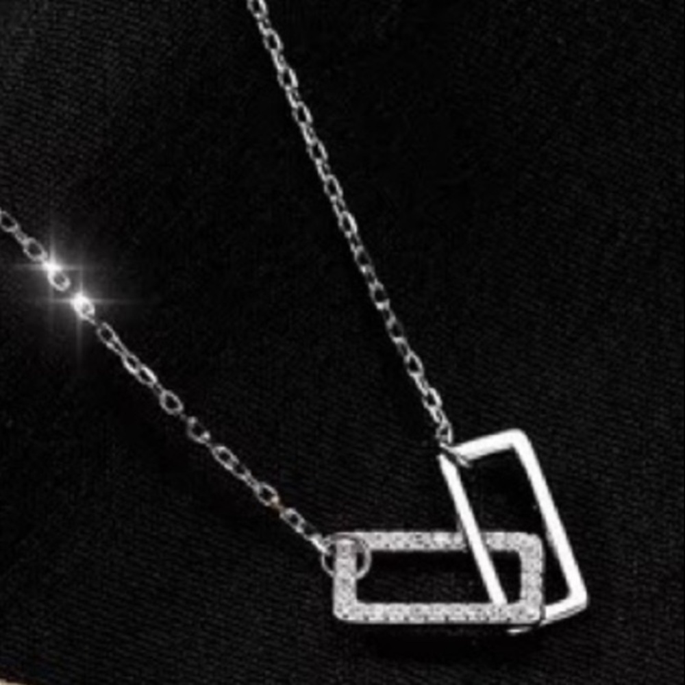 .925 silver CZ geometric interlocking double rectangle necklace